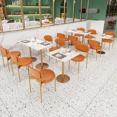 Gold Frame Restaurant Dining Room Furniture Leather Marble Table And Chairs