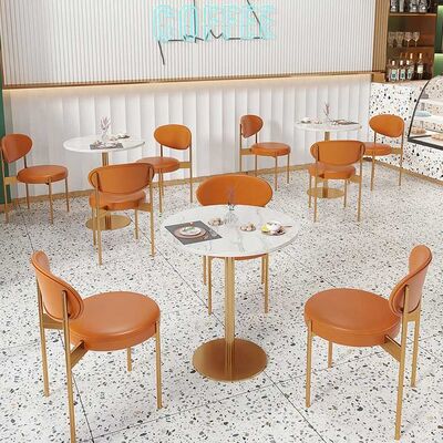 Gold Frame Restaurant Dining Room Furniture Leather Marble Table And Chairs