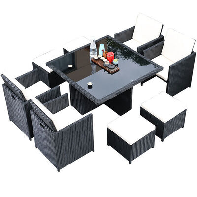 Хорошая цена 8 Seater Outdoor Rattan Chairs Courtyard Garden Space Saving Tempered Glass Coffee Table Set онлайн